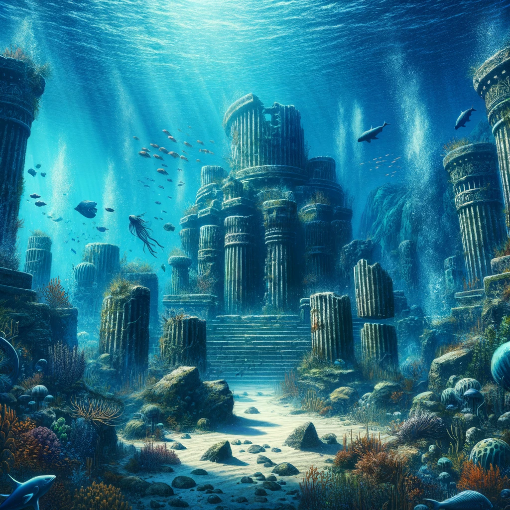 Intricate underwater ruins of Atlantis with marine life, depicting a lost ancient city's mystery.