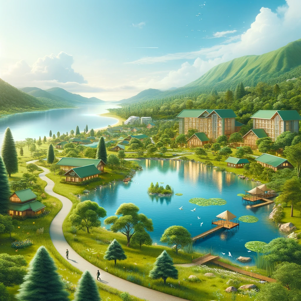 Lush eco-resort with green landscapes, eco-friendly buildings, and a lake.