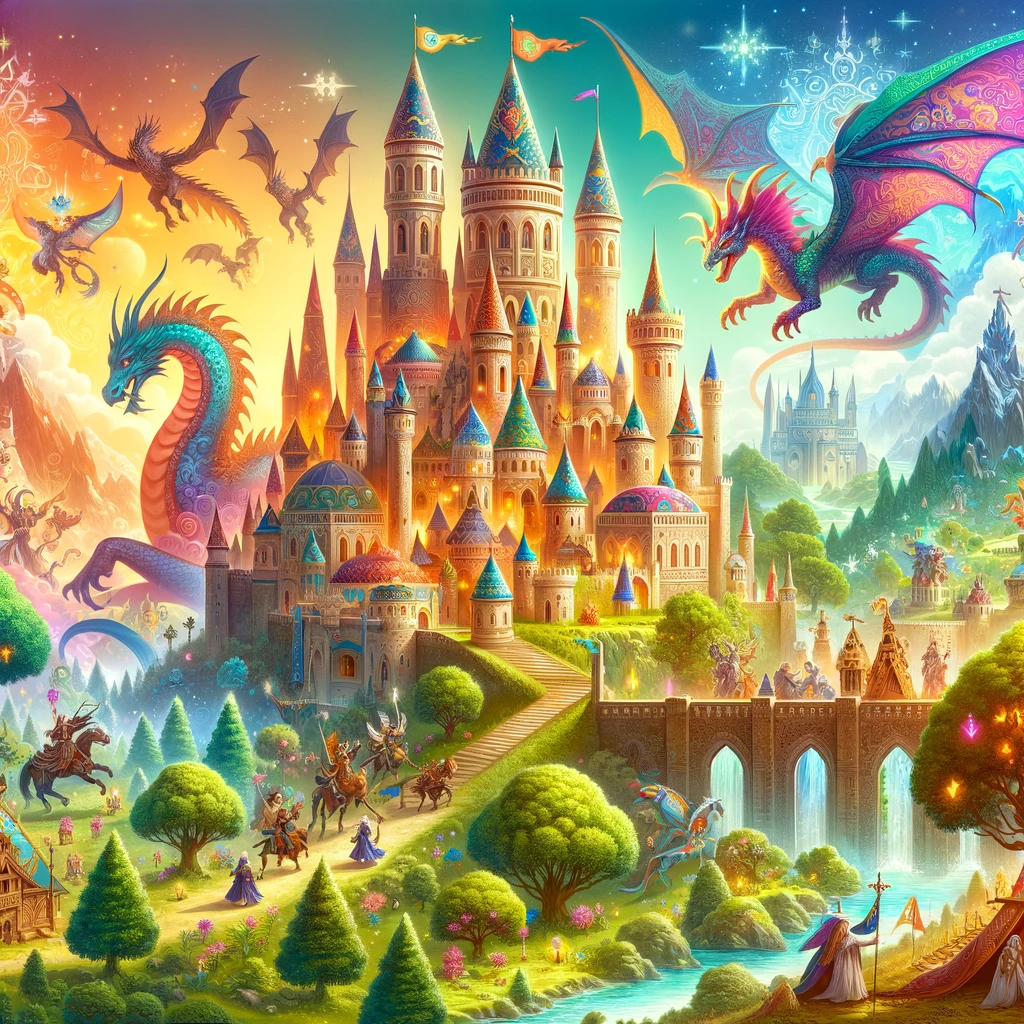Bustling fantasy world with magical castles, mythical creatures, and an enchanted forest landscape.