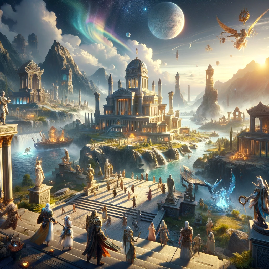 Expansive multiplayer game world showing diverse mythological characters and ancient structures.