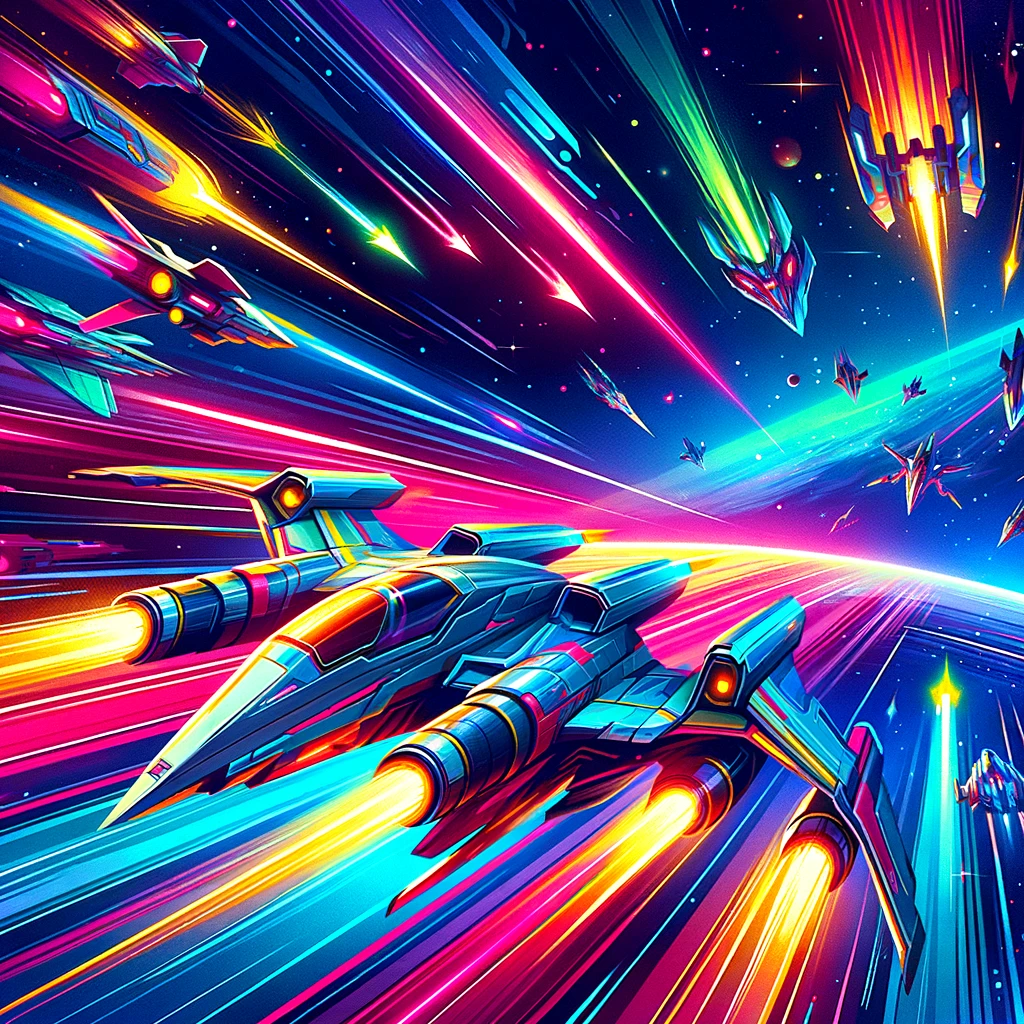 Dynamic space battle scene with colorful laser beams and sleek spaceships against a galaxy backdrop.