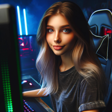 A young woman with blonde ombre hair and blue eyes, wearing a dark t-shirt, sitting in front of a gaming computer setup with neon lights in the background