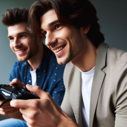 Two smiling men, one with dark hair and the other with light brown hair, enjoying a video game with a controller in hand, dressed casually.
