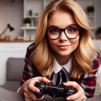 A young woman with blonde hair and black-rimmed glasses, holding a game controller, with a bright and focused expression, lounging at home.