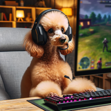 AI-created poodle with a light brown fur coat, wearing gaming headphones with a mic, sitting at a computer desk with a keyboard, screen displaying a game in the background.