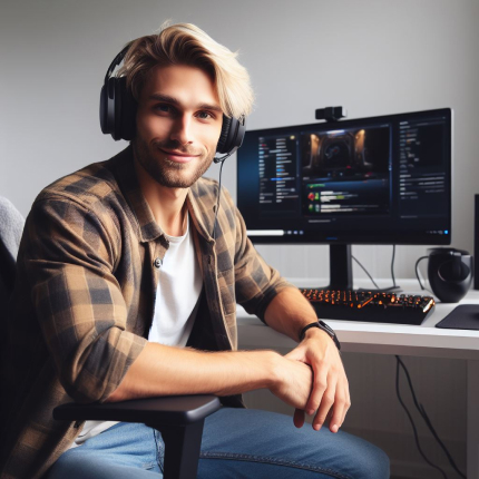 A man with blonde hair and a casual flannel shirt, wearing gaming headphones around his neck, sitting at a desk with a computer showing a game on the screen, smiling at the camera.